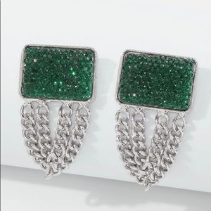 Silver emerald green chain tassel earrings